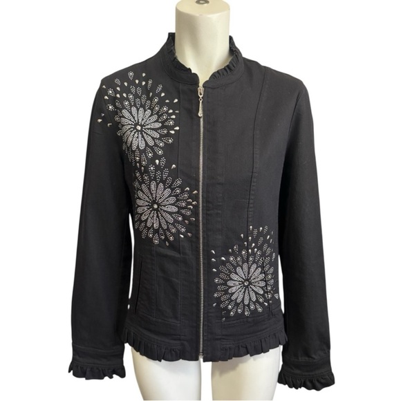 CHRISTINE ALEXANDER Black Denim Jacket Swarovski Embellished Ruffled Size Medium - Picture 2 of 14
